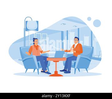 Business people and business partners sitting in armchairs solving financial problems. Bankers tell clients about bank services. Discuss Information c Stock Vector