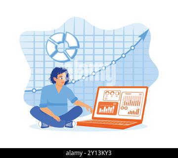 Analyzing business growth. The laptop screen displays data, graphs, and product sales growth. Growth Analysis concept. trend flat vector modern illust Stock Vector