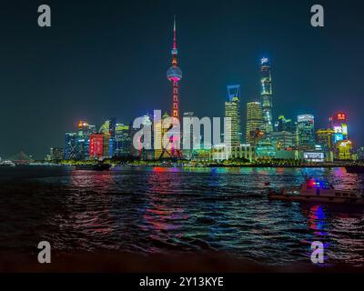 Shanghai, China, Panoramic View, Skyline, City Center, Modern Architecture, Office Buildings, Skyline, Night, Panoramic View of Pudong from the Bund Stock Photo