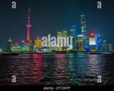 Shanghai, China, Panoramic View, Skyline, City Center, Modern Architecture, Office Buildings, Skyline, Night, Panoramic View of Pudong from the Bund Stock Photo