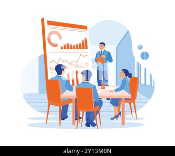Skilled leader in glasses coaching business people. Employees listen to the leader's explanation during the presentation. Briefings concept. Trend Mod Stock Vector