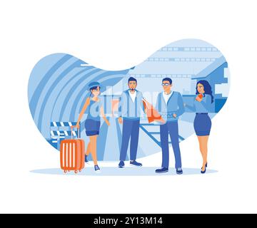 Diverse young tourists use maps and gather on the train station platform. Take a tourist trip by train. Tourist Guide concept. Trend Modern vector fla Stock Vector