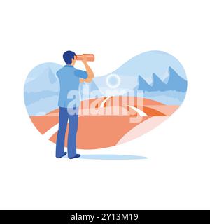 A businessman stands at the beginning of the road, looking into the distance with a telescope. Motivation and business strategy concept. Career Develo Stock Vector