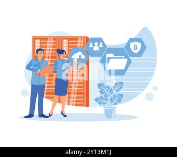 A male IT specialist is using a laptop and discussing it with a female server technician. They are standing in the data centre room. Discuss Informati Stock Vector