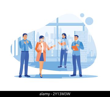 Four diverse company staff listen to the company leader's briefing. Planned work, solved company problems, and discussed work projects. Briefings conc Stock Vector
