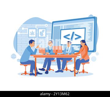 Start up business problem solving and entrepreneurship. They sit together and solve problems in the meeting room. Discuss Information concept. trend f Stock Vector