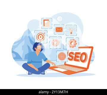 A businessman is using a laptop to analyze search engine optimization. Digital marketing concept with social media content and advertising from the we Stock Vector