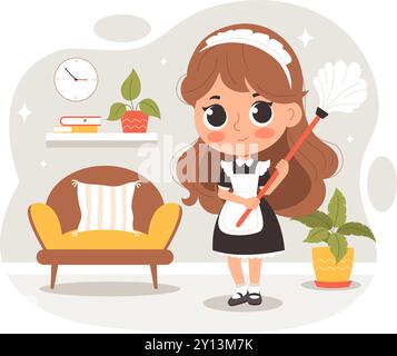 Vector illustration of a maid in uniform with a vacuum cleaner. The ...