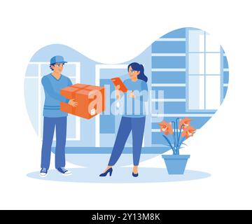 A courier delivers a package to the customer's address. A woman signs the goods receipt form. Order confirmation concept. Flat vector illustration. Stock Vector