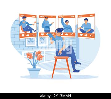 A beautiful woman visits an online dating site via smartphone and selects a photo of a man on the online dating site. Online Dating concept. Flat vect Stock Vector