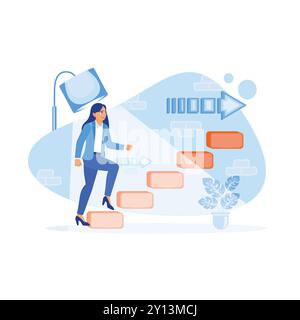 A young businesswoman in the spotlight climbing stairs with arrows on the wall. Leadership and career development concept. Career Development Concept. Stock Vector