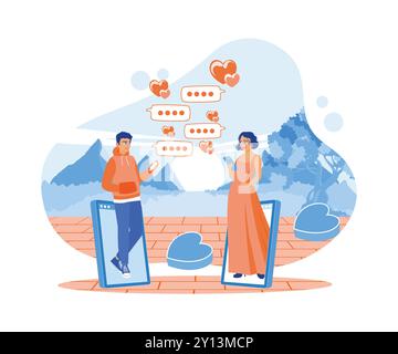 Young couples using mobile phones send and read messages in text bubbles. Online Dating concept. Flat vector illustration. Stock Vector