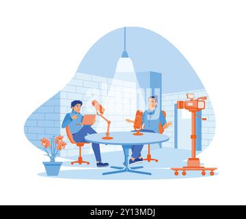 A young male vlogger is making a podcast with a man in the studio. Content creators broadcast live on social media. Content Creator concept. Flat vect Stock Vector