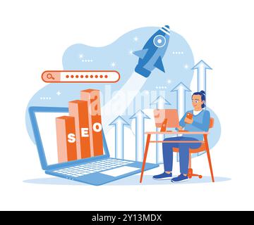 Man using computer, laptop, and mobile phone to promote ranking traffic on website. Optimizing websites to rank in SEO search engines. SEO concept. Tr Stock Vector