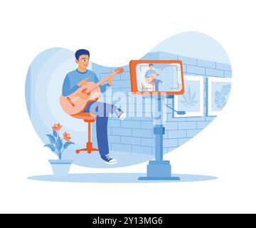 Young man creates content playing guitar. Vloggers record their activities using smartphones. Content Creator concept. Flat vector illustration. Stock Vector