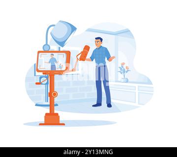 The smiling, mature man presented something using a smartphone mounted on a tripod. Content Creator concept. Flat vector illustration. Stock Vector