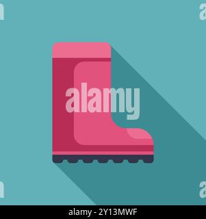 Pink rubber boot standing side view with long shadow on turquoise background, flat design vector illustration Stock Vector