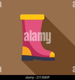 Pink rubber boot with yellow details standing on brown surface with long shadow, side view in flat design Stock Vector