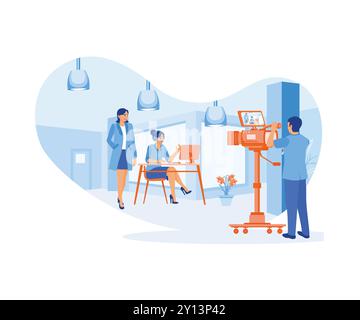 Cameraman filming in the studio. Two female models take part in a commercial shoot. Film Production Concept. Flat vector illustration. Stock Vector