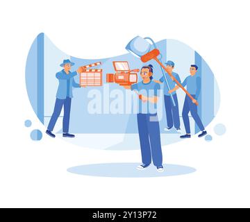 Behind the scenes of the filmmaking process. The film crew team filmed the filming process in the studio with professional cameras. Film Production co Stock Vector