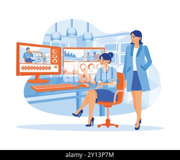 Editor and co workers work together at a digital multimedia company. Work on client recordings using post production software. Video Editor concept. F Stock Vector