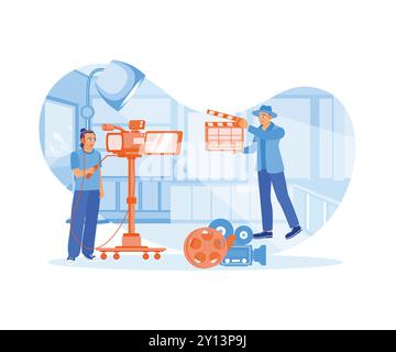 A man holding a film clapper and a cameraman in a studio are filming with a team in the room. Film Production Concept. Flat vector illustration. Stock Vector