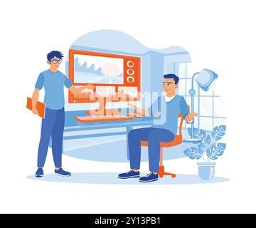 The producer and the man in glasses work together to edit a documentary or commercial video. Video Editor concept. Flat vector illustration. Stock Vector
