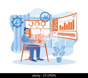 An analyst uses a dual-screen computer. Analyze business data and data management with KPIs. Business analysis concept. Flat vector illustration. Stock Vector