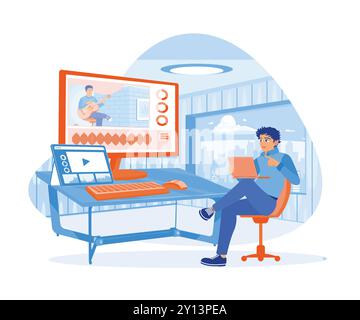 Male video editor working in creative office loft. Working with recordings on a computer screen. Video Editor concept. Flat vector illustration. Stock Vector