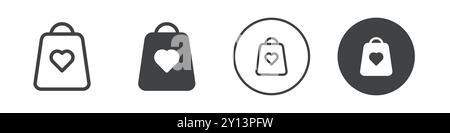 Shopping bag with heart icon simple flat vector symbol outline collection set logo Stock Vector