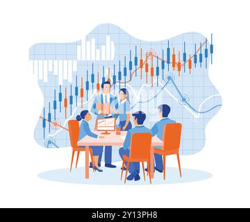 The boss and marketing team are having a meeting in the modern office. Analyze business financial reports using computers and graphic documents. Busin Stock Vector