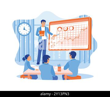 CEO businessman displays product sales graphic data on a projector screen. Discuss revenue growth strategies. Business analysis concept. Flat vector i Stock Vector