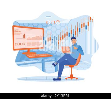 Online trading. The man sits with a laptop and computer, analyzing stock market trades with data and candlestick charts. Stock Trading concept. Flat v Stock Vector