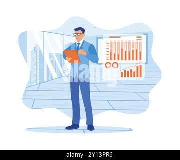 Businessman in glasses working in modern office. Using a digital tablet to analyze company financial data. Finance control scenes concept. Flat vector Stock Vector