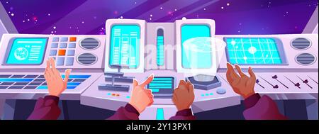 Spaceship cockpit interior with male pilot hands on control panel. Cartoon vector illustration of view on outer space through windows of futuristic space shuttle with navigation center dashboard. Stock Vector