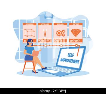 Young woman doing self-improvement test online. A girl in glasses looks at test results on her laptop. Self-improvement concept. Flat vector illustrat Stock Vector