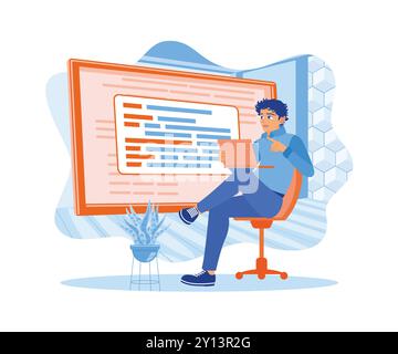 A team of front-end developers is brainstorming UI and UX designs on a laptop computer screen. They work in modern offices. APP devs concept. Flat vec Stock Vector