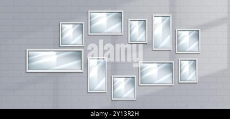 Picture frames on white brick wall. Vector realistic illustration set of square and rectangular simple borders for photo, artwork, certificate, home or office interior design elements, window shadow Stock Vector