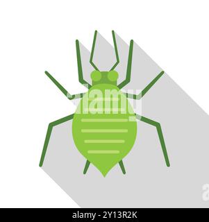 Green aphid insect pest bug icon illustration, with long shadow, isolated over white background Stock Vector