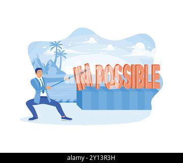 A middle-aged man standing on the beach. Pulling with all your might, the impossible becomes possible. Self-improvement concept. Flat vector illustrat Stock Vector