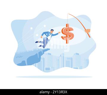 The man is jumping off a cliff and taking dollar currency bait on a fishing rod. Investment fraud. Finance control scenes concept. Flat vector illustr Stock Vector