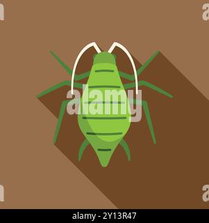 Green aphid bug insect pest icon in flat design style with long shadow on brown background Stock Vector