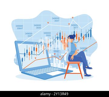 Broker investors analyze indices. Female trader analysts examine stock market trading indices. Stock Trading concept. Flat vector illustration. Stock Vector