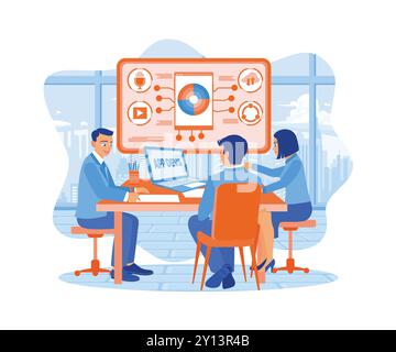 A team of front-end developers is brainstorming UI and UX designs on a laptop computer screen. They work in modern offices. APP devs concept. Flat vec Stock Vector