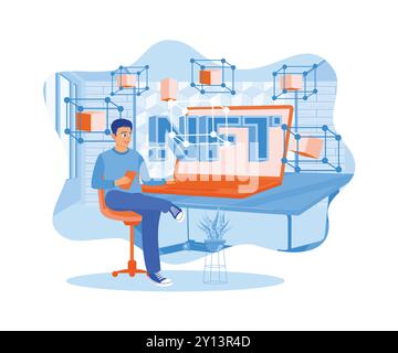 Man typing on a laptop using a cell phone. NFT digital hologram, data block on virtual screen. APP devs concept. Flat vector illustration. Stock Vector