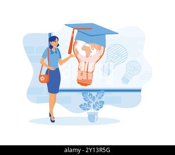 Innovation in the world of education. A young woman is standing in front of a blackboard with a picture of a light bulb with a graduation cap. Educati Stock Vector