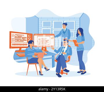 IT expert discusses with several colleagues in the office. Discusses the idea of ​​developing software on a laptop computer. APP devs concept. Flat ve Stock Vector