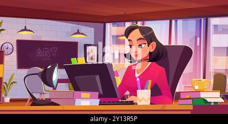 Young woman working at table in office room interior. Cartoon vector female character sitting on workplace with computer and documents on desk, window and chalkboard. Employee in business coworking. Stock Vector