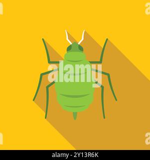 Green aphid insect pest icon in flat style with long shadow on yellow background Stock Vector