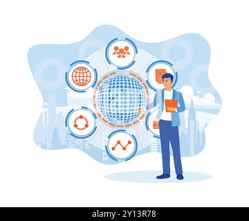 People in business use digital tablets to measure assessment analysis evaluation. Entrepreneur and business icon. Business analysis concept. Flat vect Stock Vector